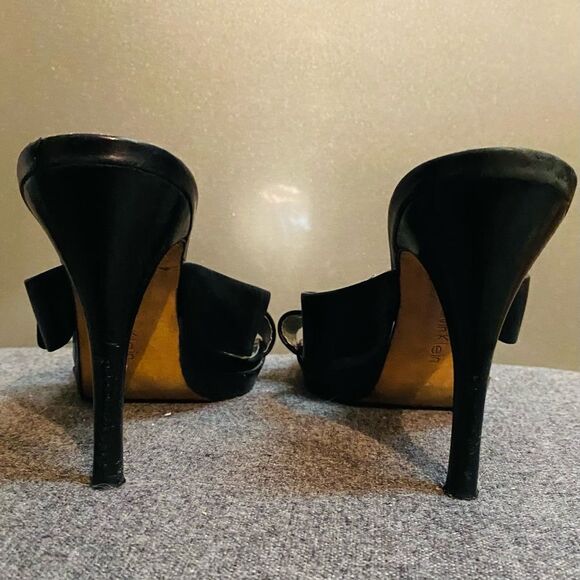 Y2K Calvin Klein Black Leather Large Silver Buckle Slide Stiletto Heel Sandal 9 - Picture 6 of 10